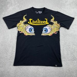 Civilized Flaming Eyeball Textured T-Shirt Mens Large Black Streetwear Y2K Skate